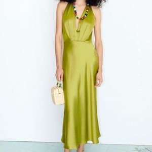 Zara green satin dress halter top a line dress open back
